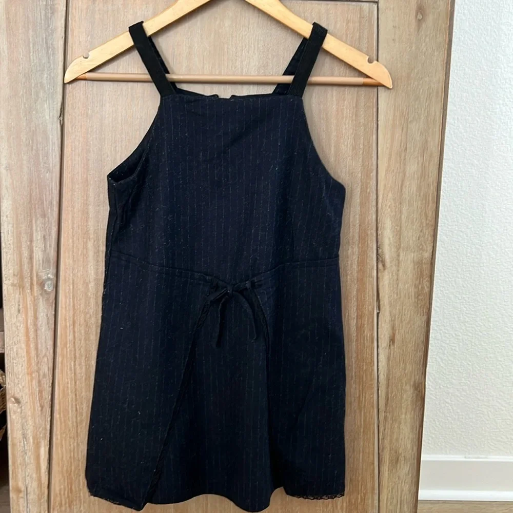 NWOT Zara Dark Navy pinstripe Pinafore strap Wool Dress Black lacy hem size 8